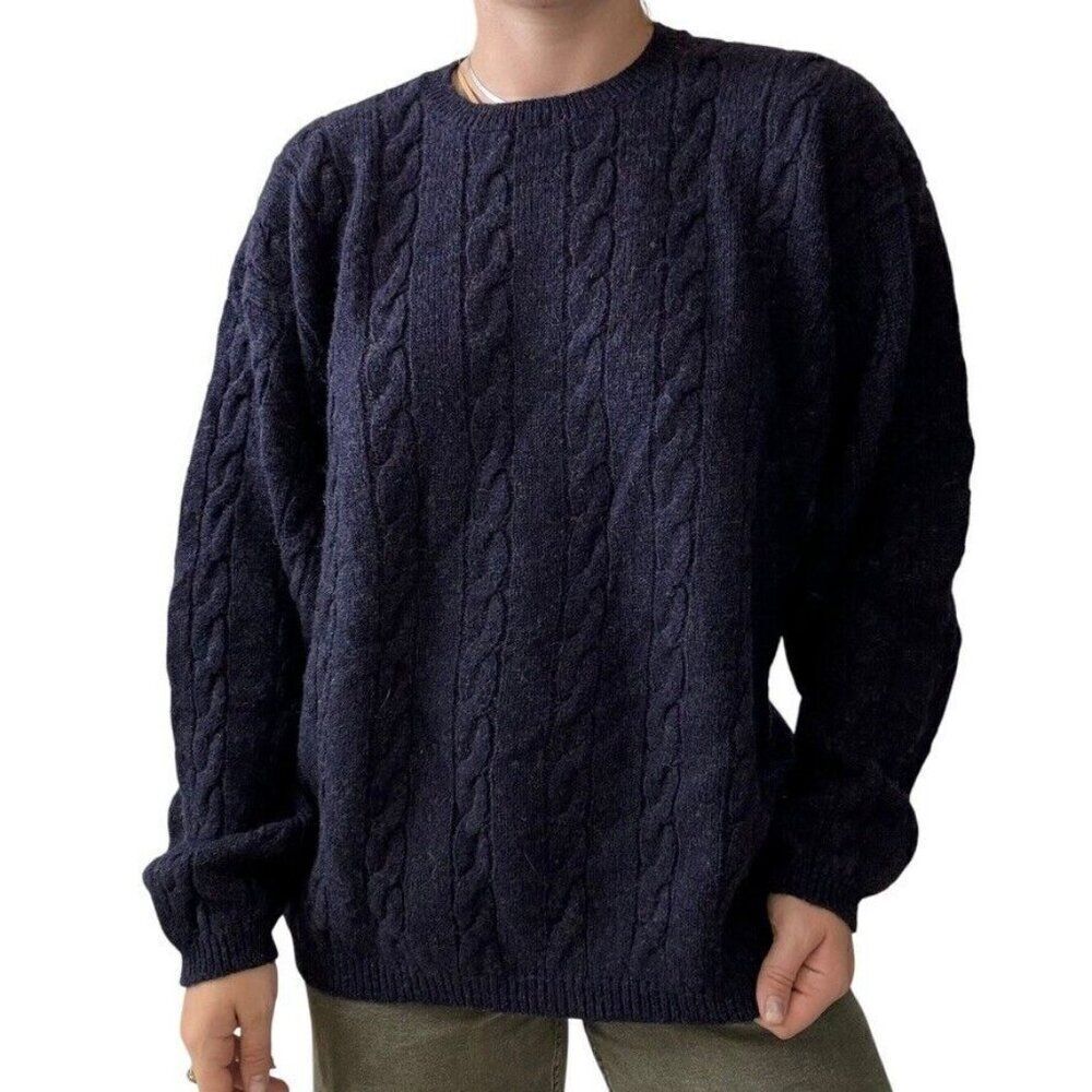 Vintage 1990s Eddie Bauer Mens Purple 100% Shetland Wool Cable Knit Sweater XL